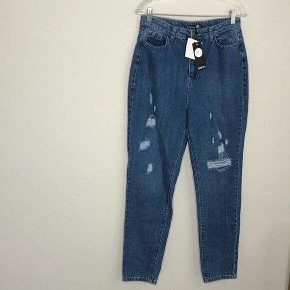 BOOHOO NWT Medium Denim Wash Mom Distressed Ripped Jeans, 8 Tall - Picture 5 of 9